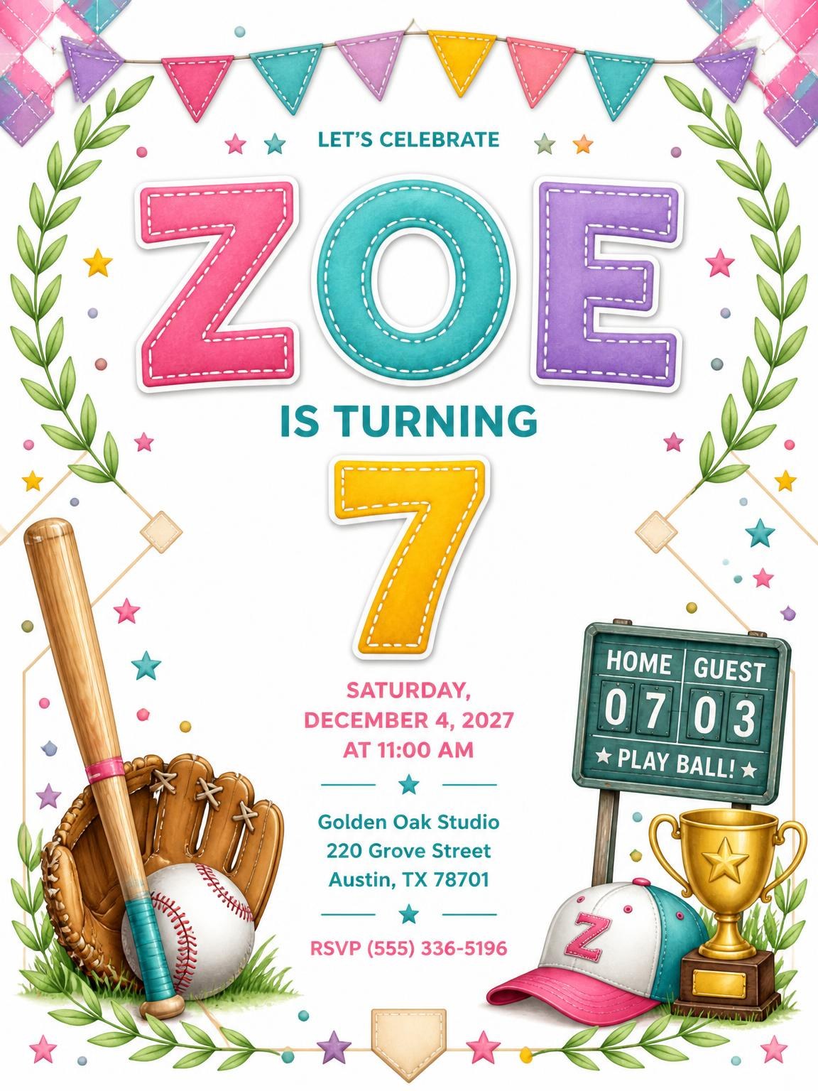 Stitched Baseball 7th Birthday Invitation