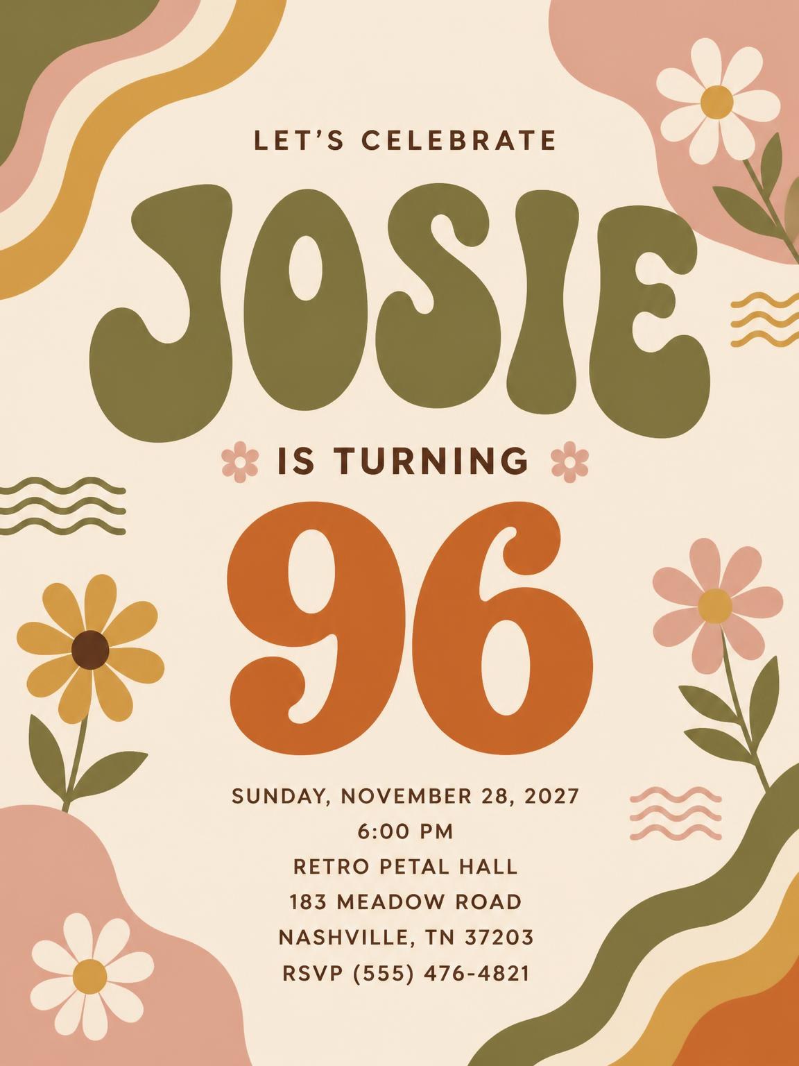 Groovy Retro 96th Birthday Invitation