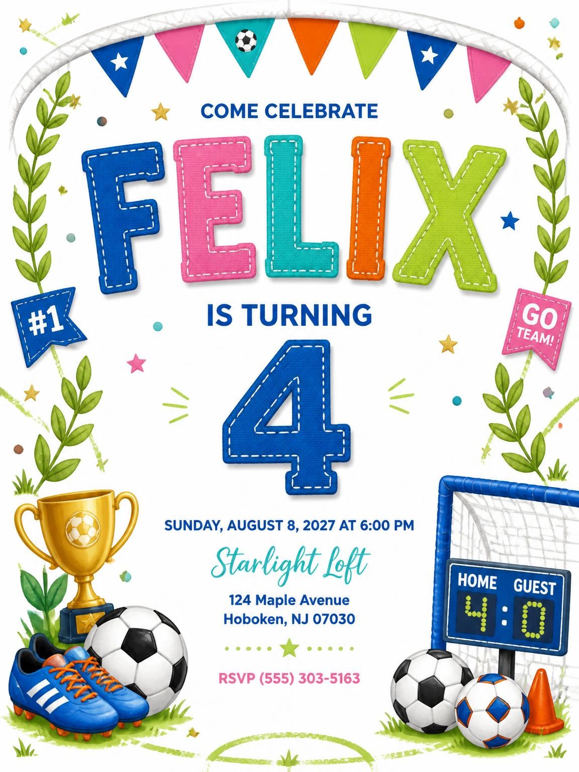Stitched Soccer 4th Birthday Invitation