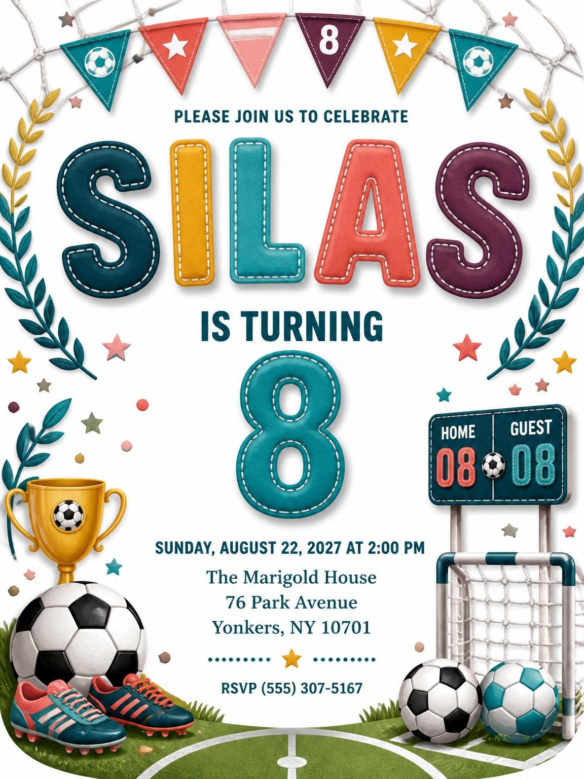 Stitched Soccer 8th Birthday Invitation