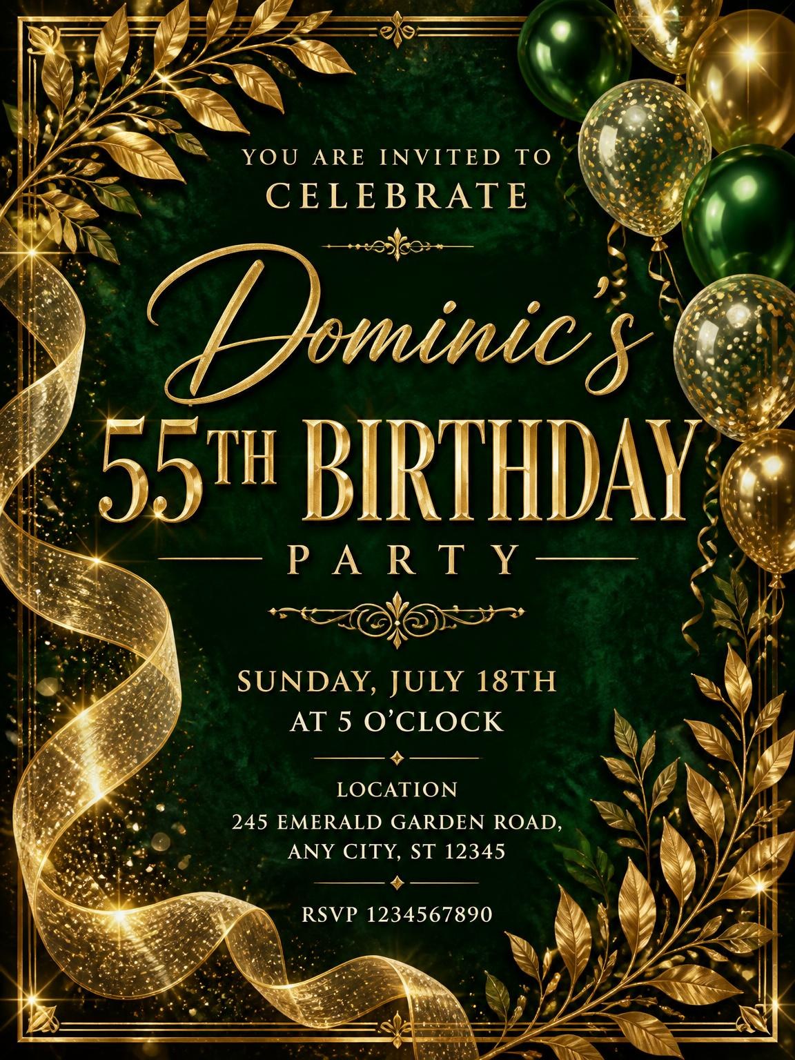 Emerald and Champagne 55th Birthday Invitation