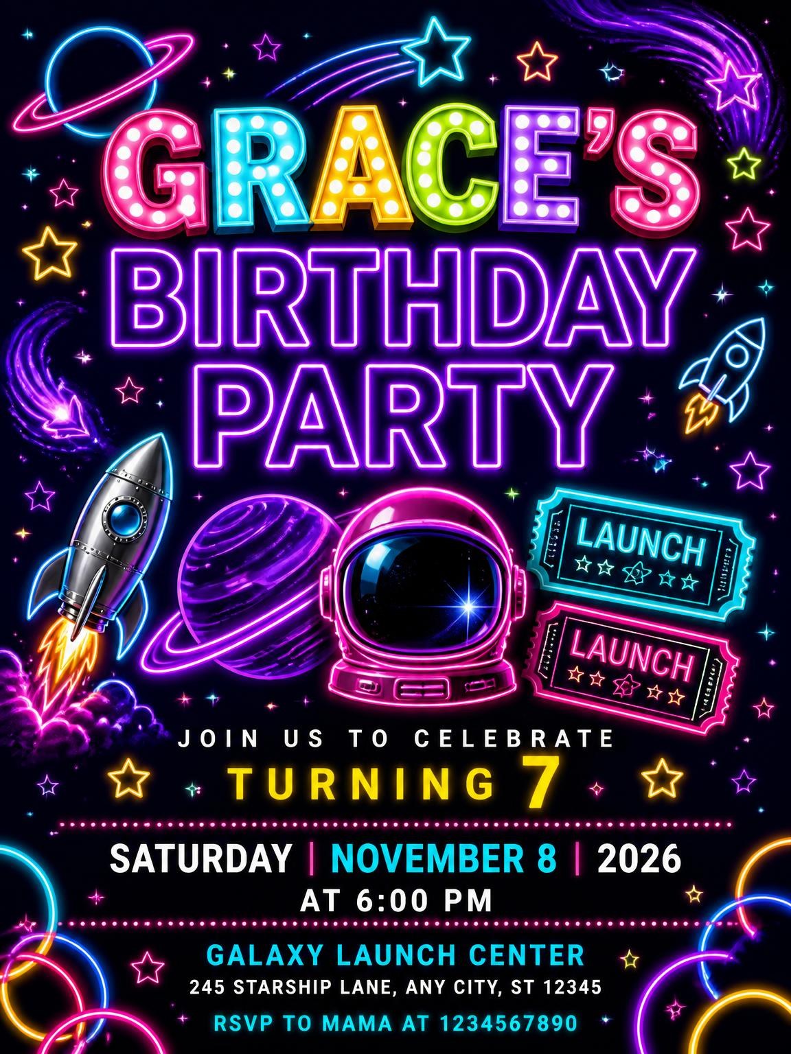 Neon Space 7th Birthday Invitation