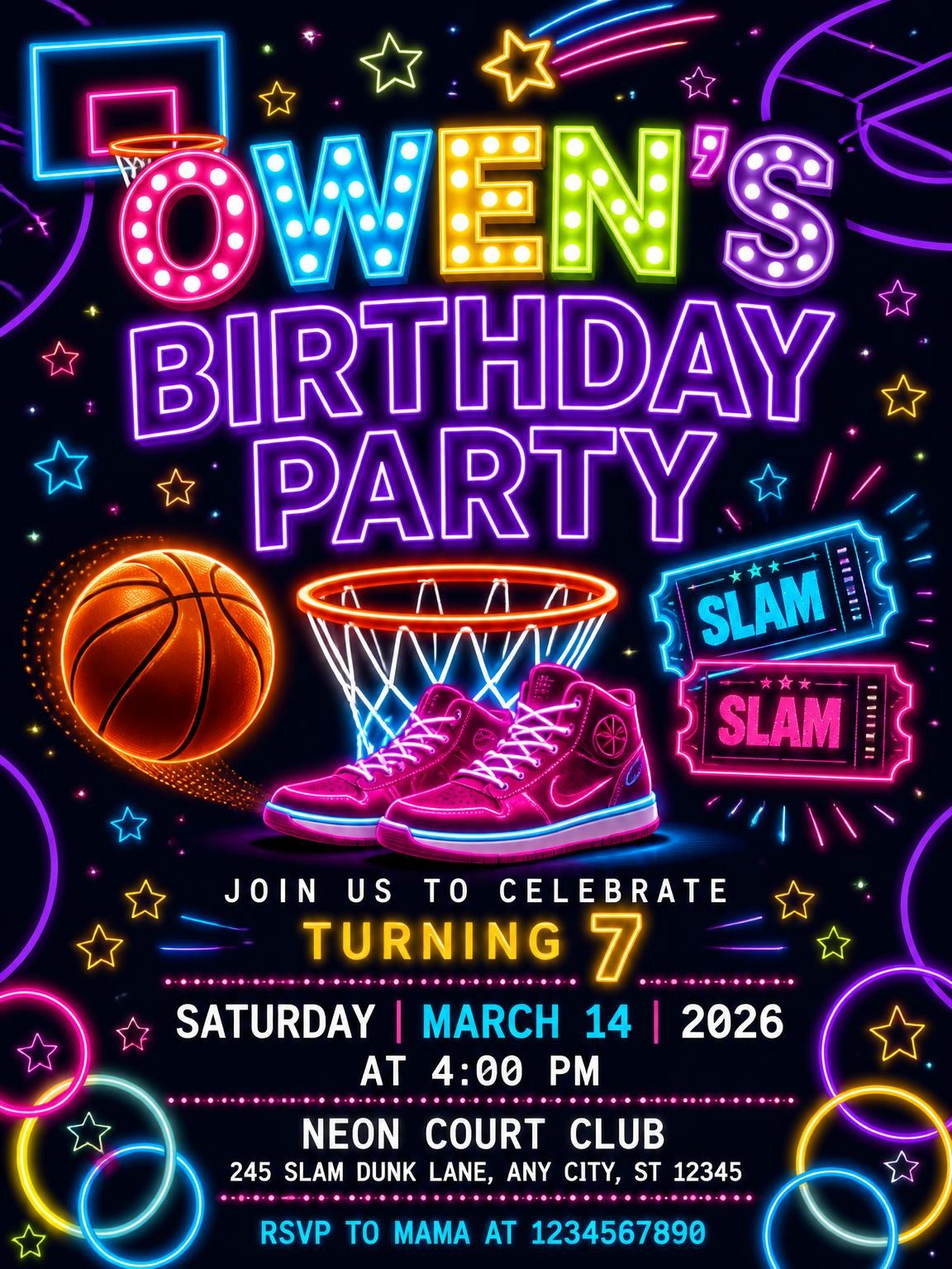 Neon Basketball 7th Birthday Invitation
