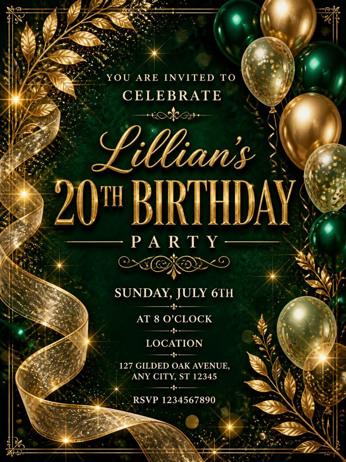 Emerald and Champagne 20th Birthday Invitation