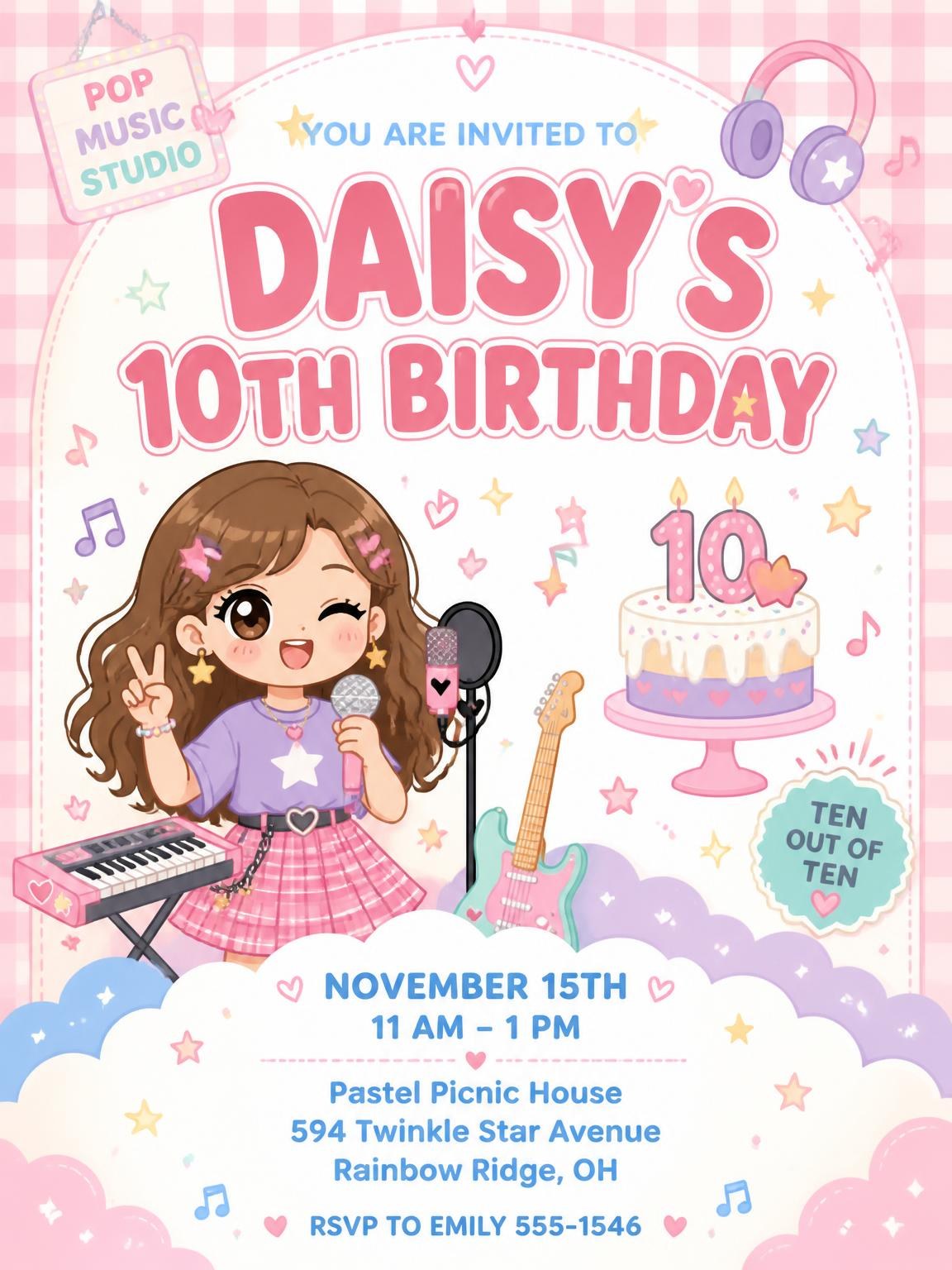 Studio Mic Kawaii 10th Birthday Invitation