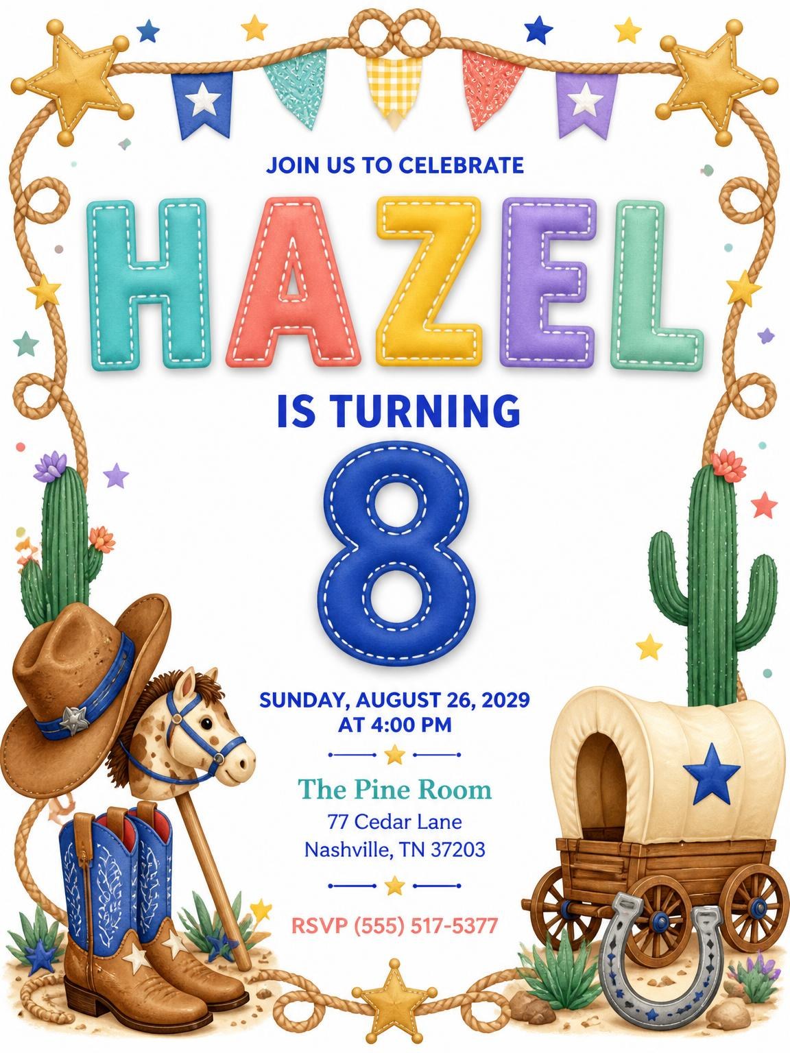 Stitched Cowboy 8th Birthday Invitation
