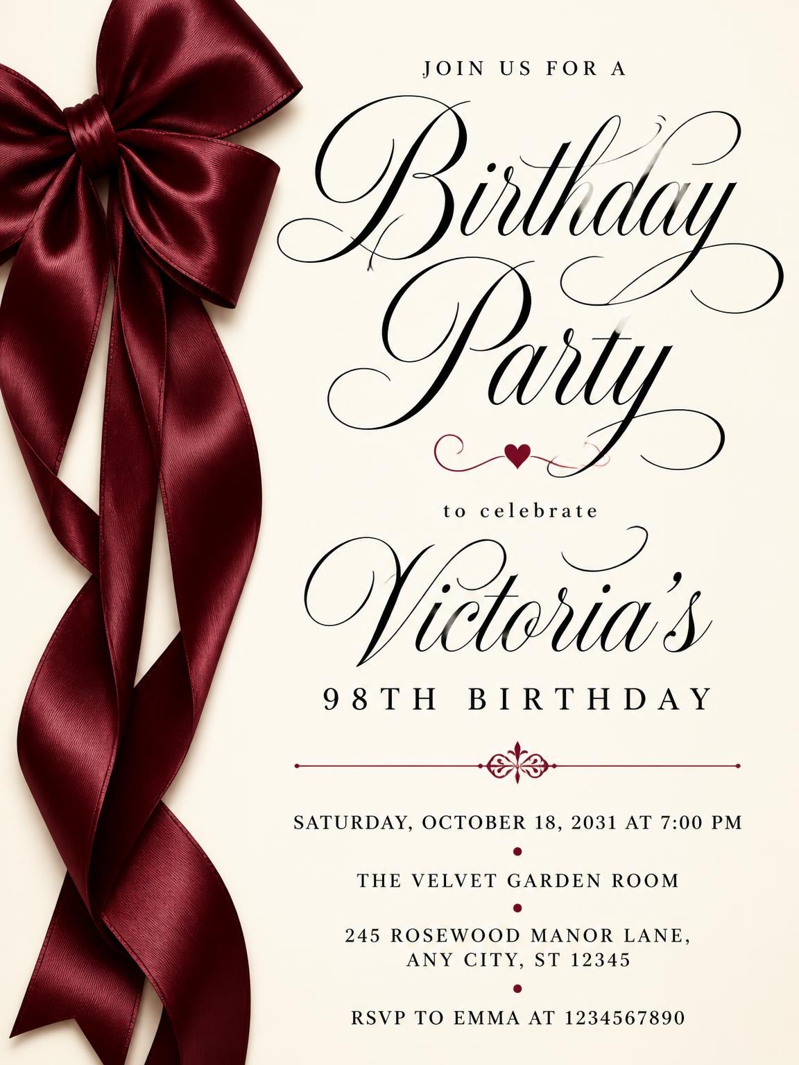 Burgundy Satin Bow 98th Birthday Invitation