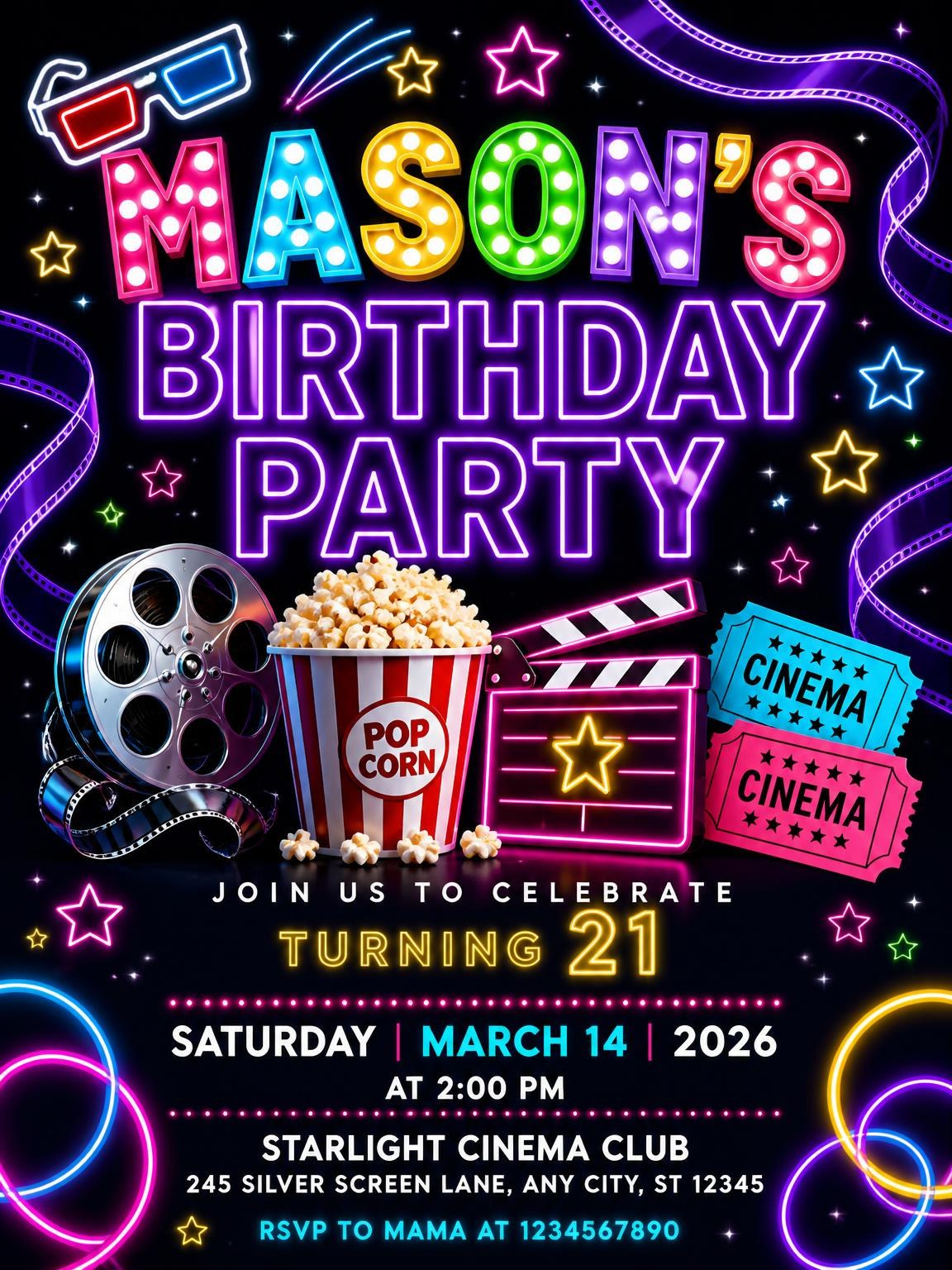 Neon Movie Night 21st Birthday Invitation