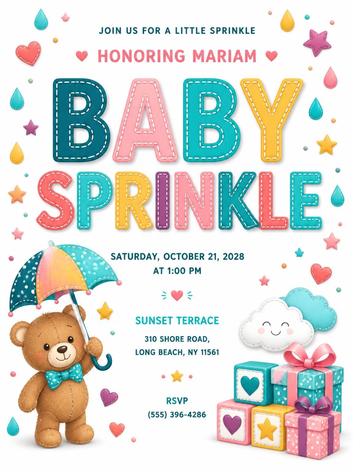 Teddy Bear Umbrella Baby Sprinkle Invitation