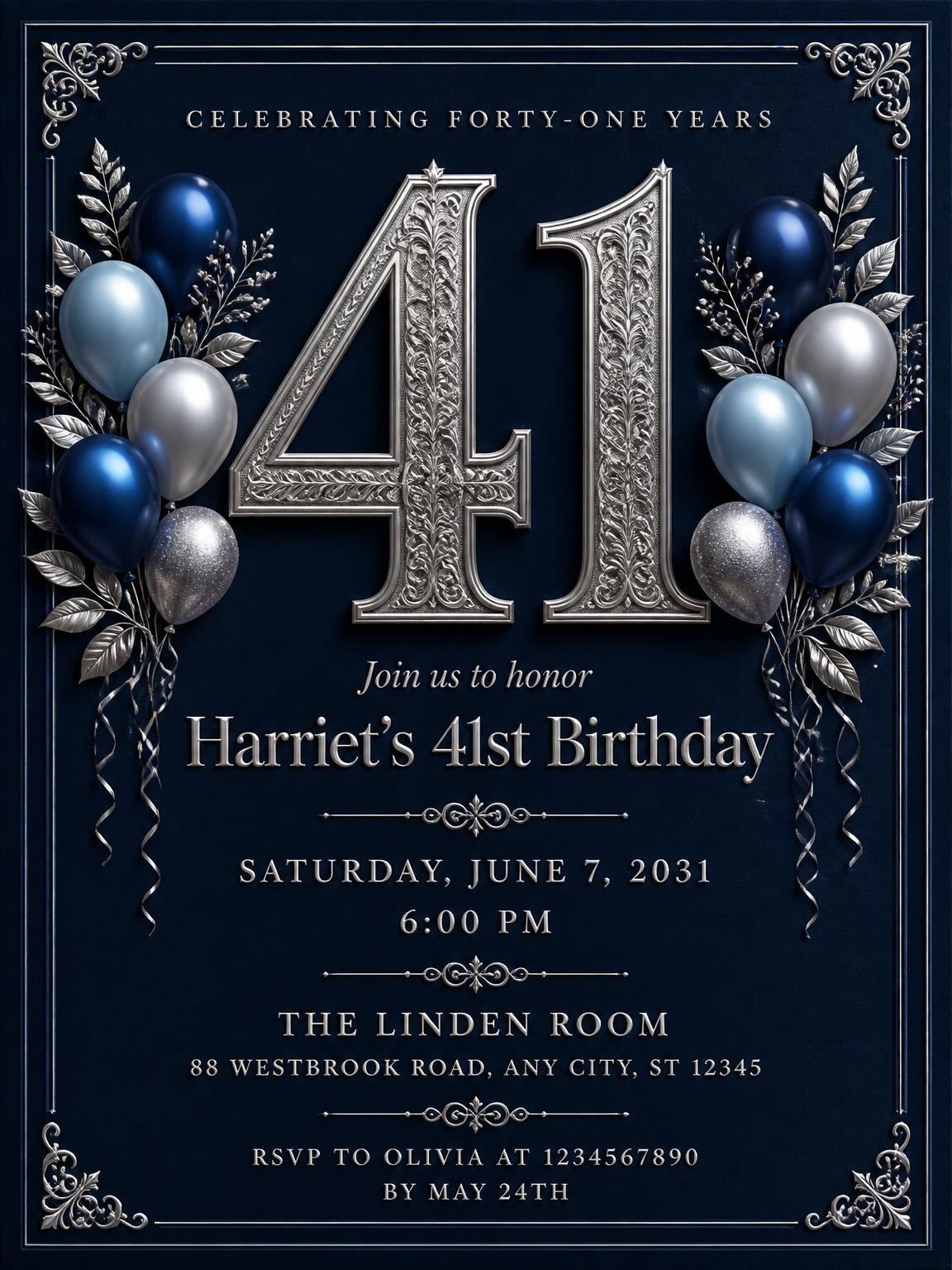 Navy and Silver 41st Birthday Invitation