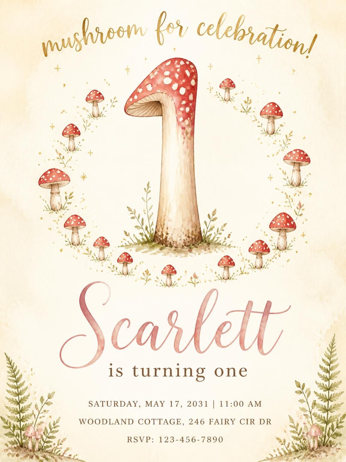 Woodland Mushroom 1st Birthday Invitation