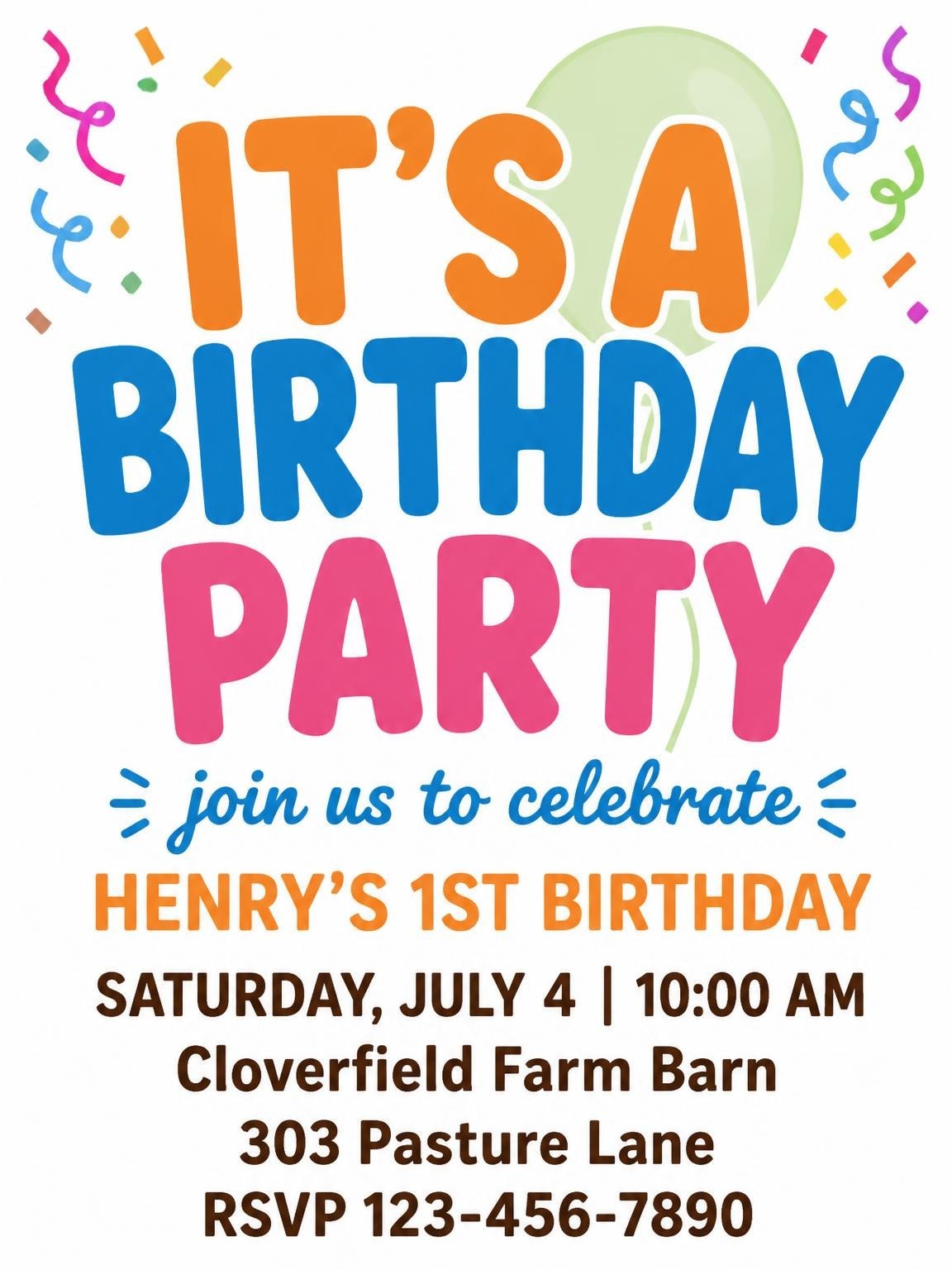 Primary Color Confetti 1st Birthday Invitation