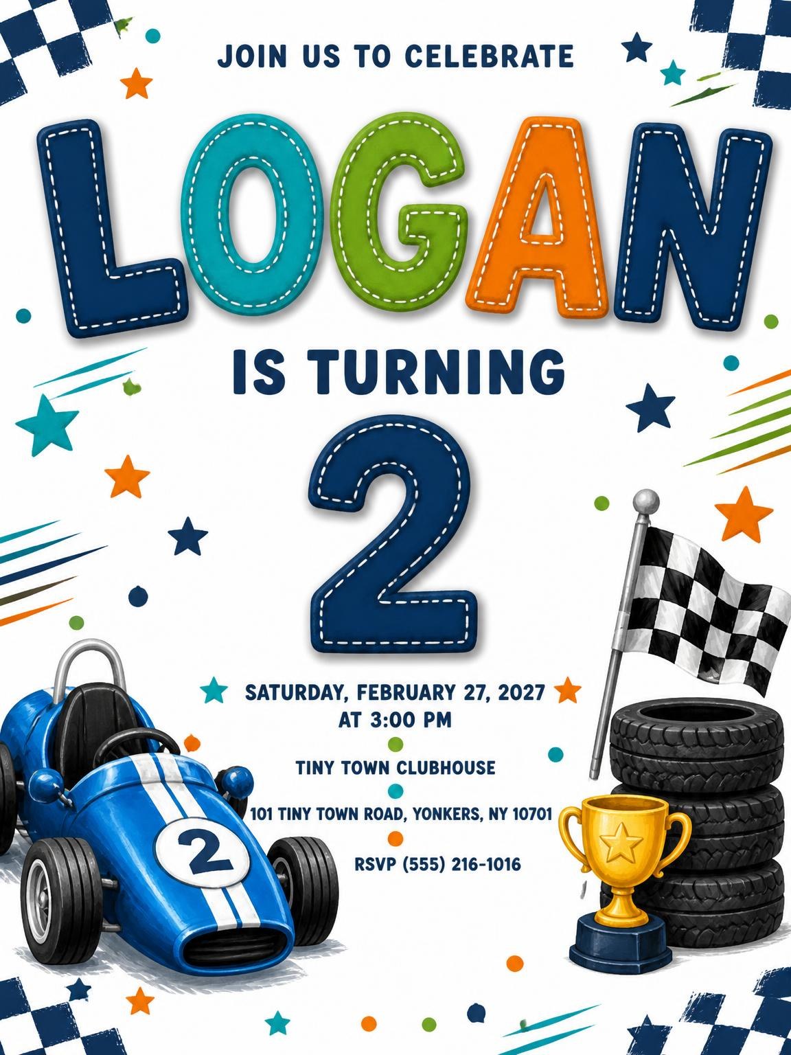 Race Car Stitched 2nd Birthday Invitation
