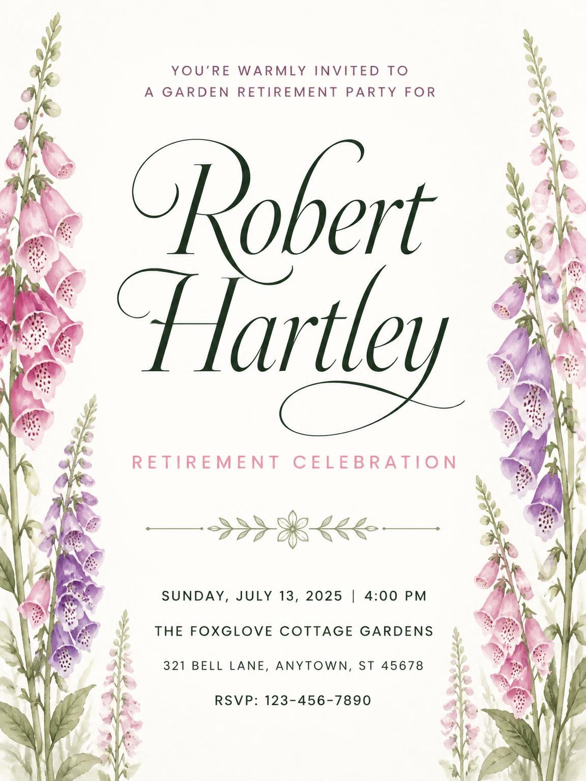 Foxglove Floral Retirement Party Invitation