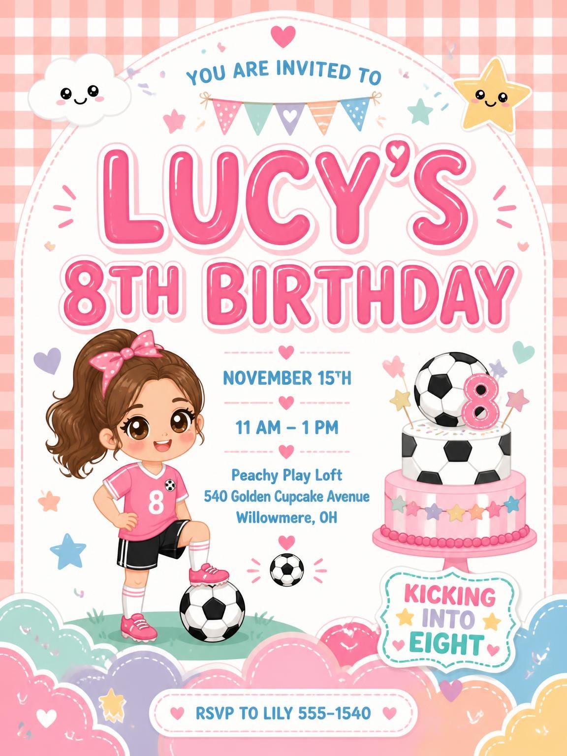 Soccer Cake Kawaii 8th Birthday Invitation