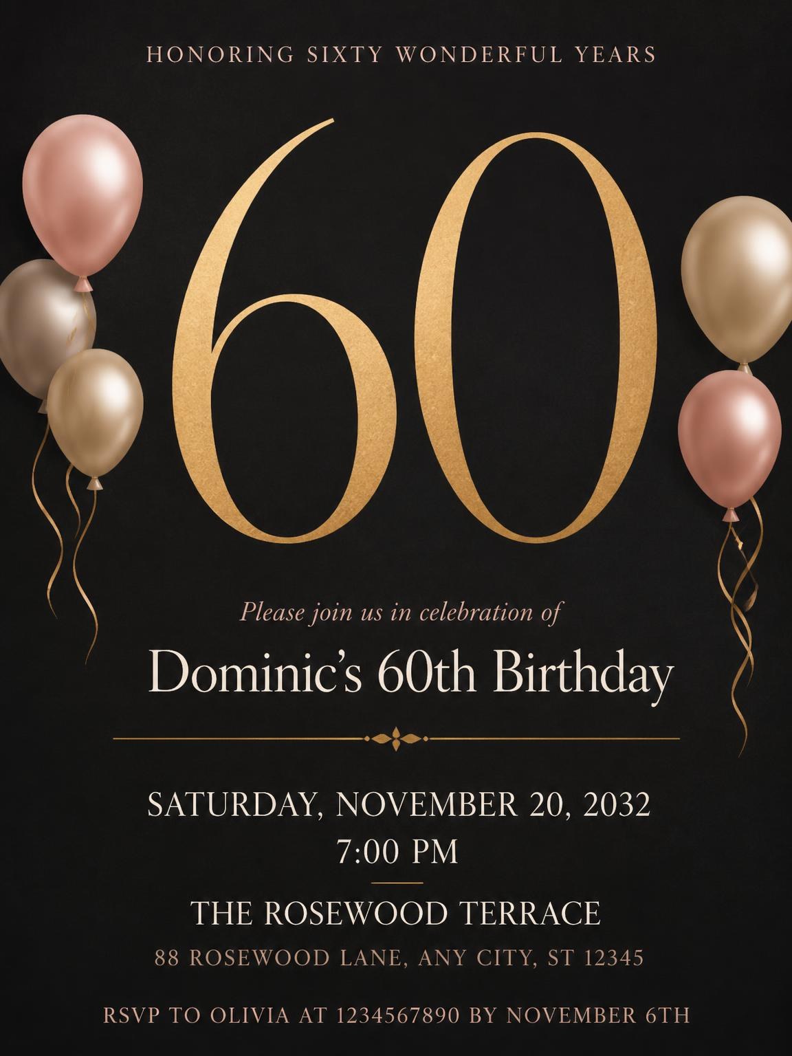 Charcoal and Blush 60th Birthday Invitation