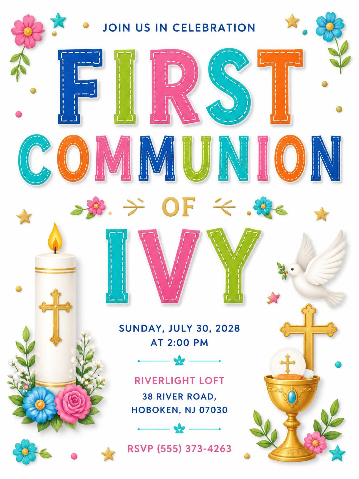 Candle And Chalice First Communion Invitation