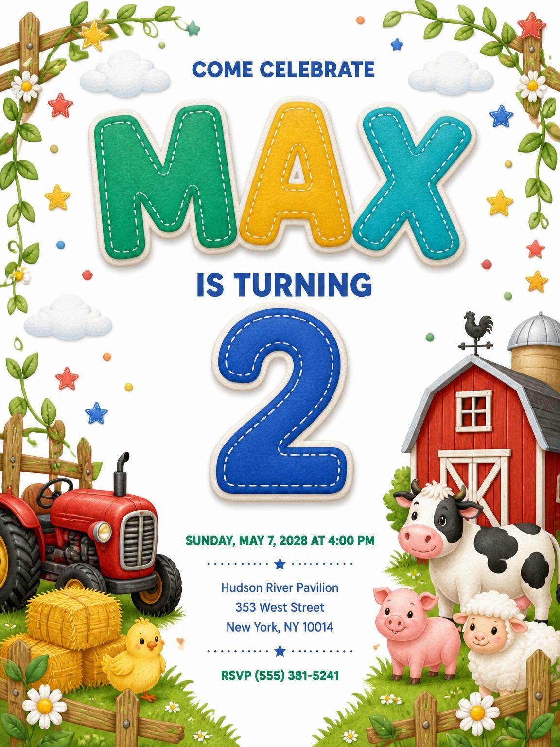 Stitched Farm 2nd Birthday Invitation