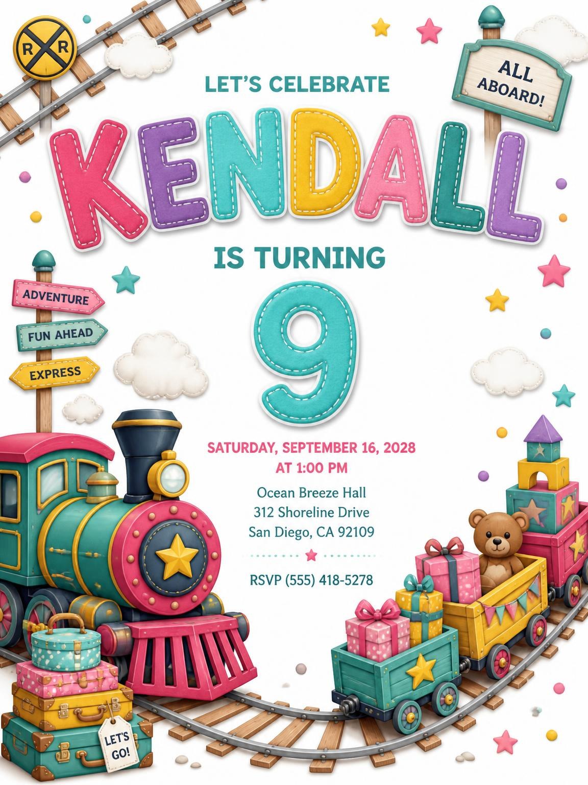 Stitched Train 9th Birthday Invitation