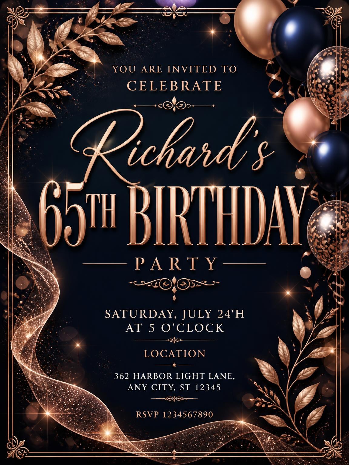 Navy and Rose Gold 65th Birthday Invitation