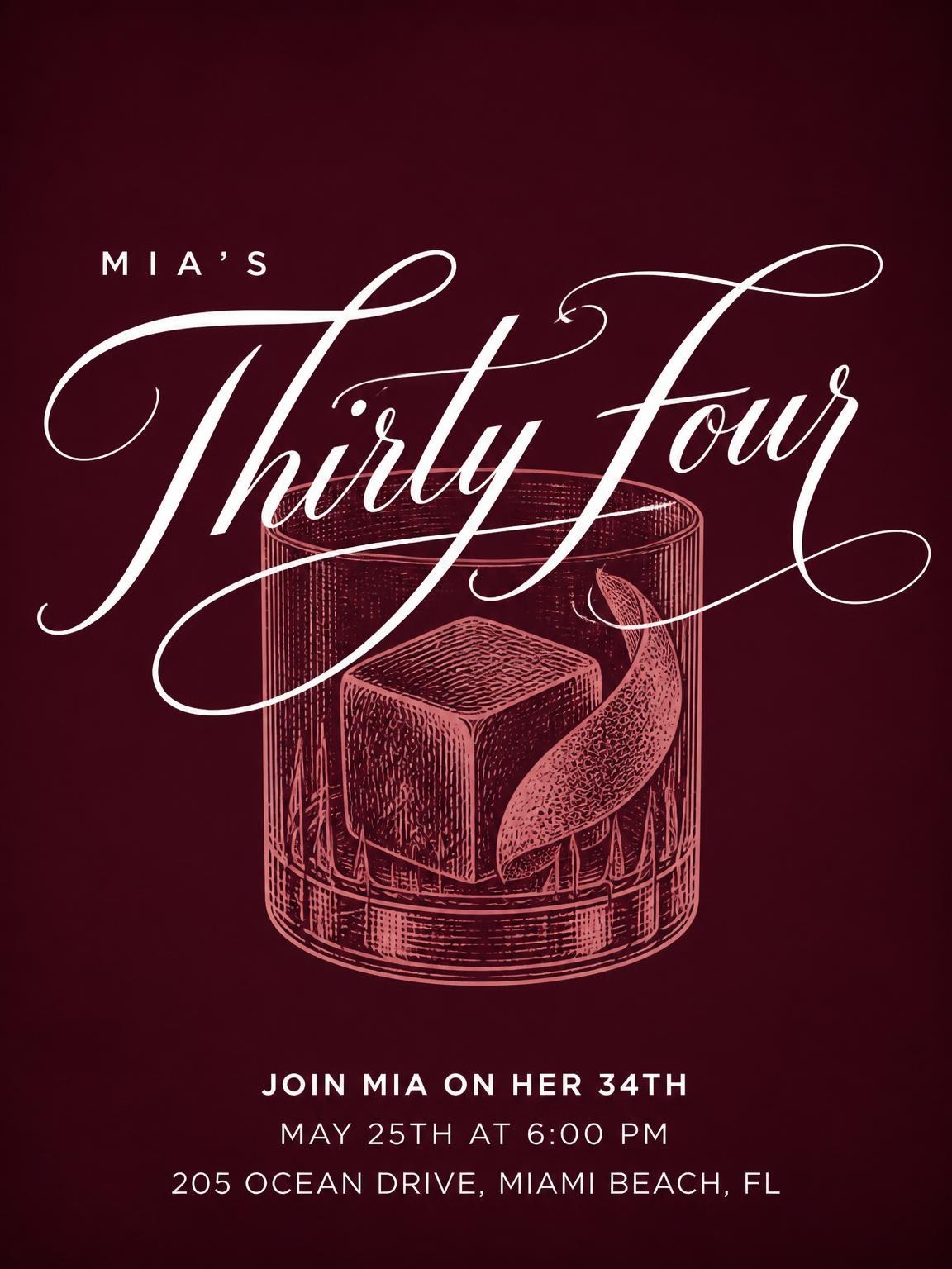 Burgundy Cocktail 34th Birthday Invitation