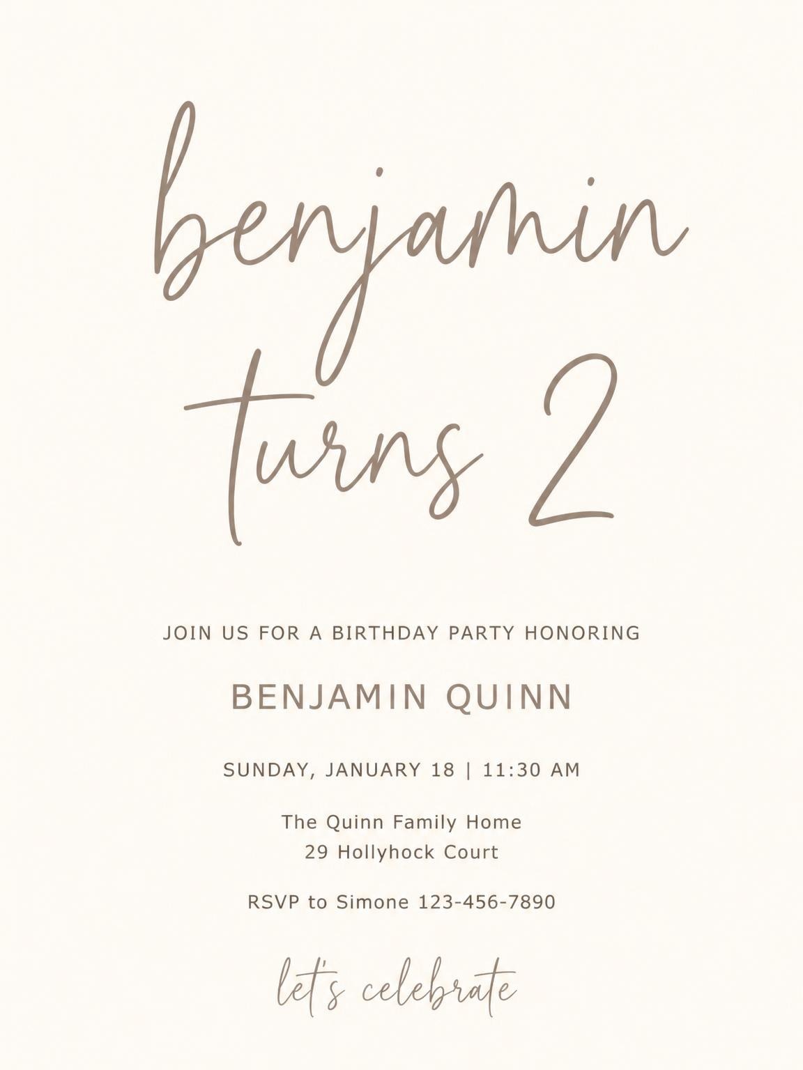 Cream Brown Script 2nd Birthday Invitation