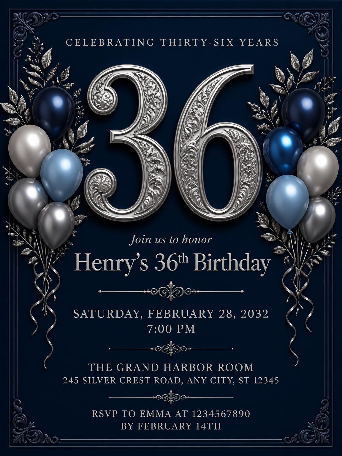 Navy and Silver 36th Birthday Invitation