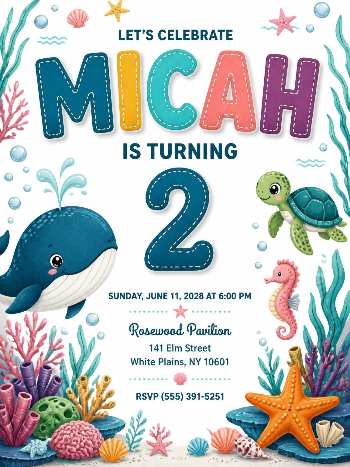 Stitched Under the Sea 2nd Birthday Invitation