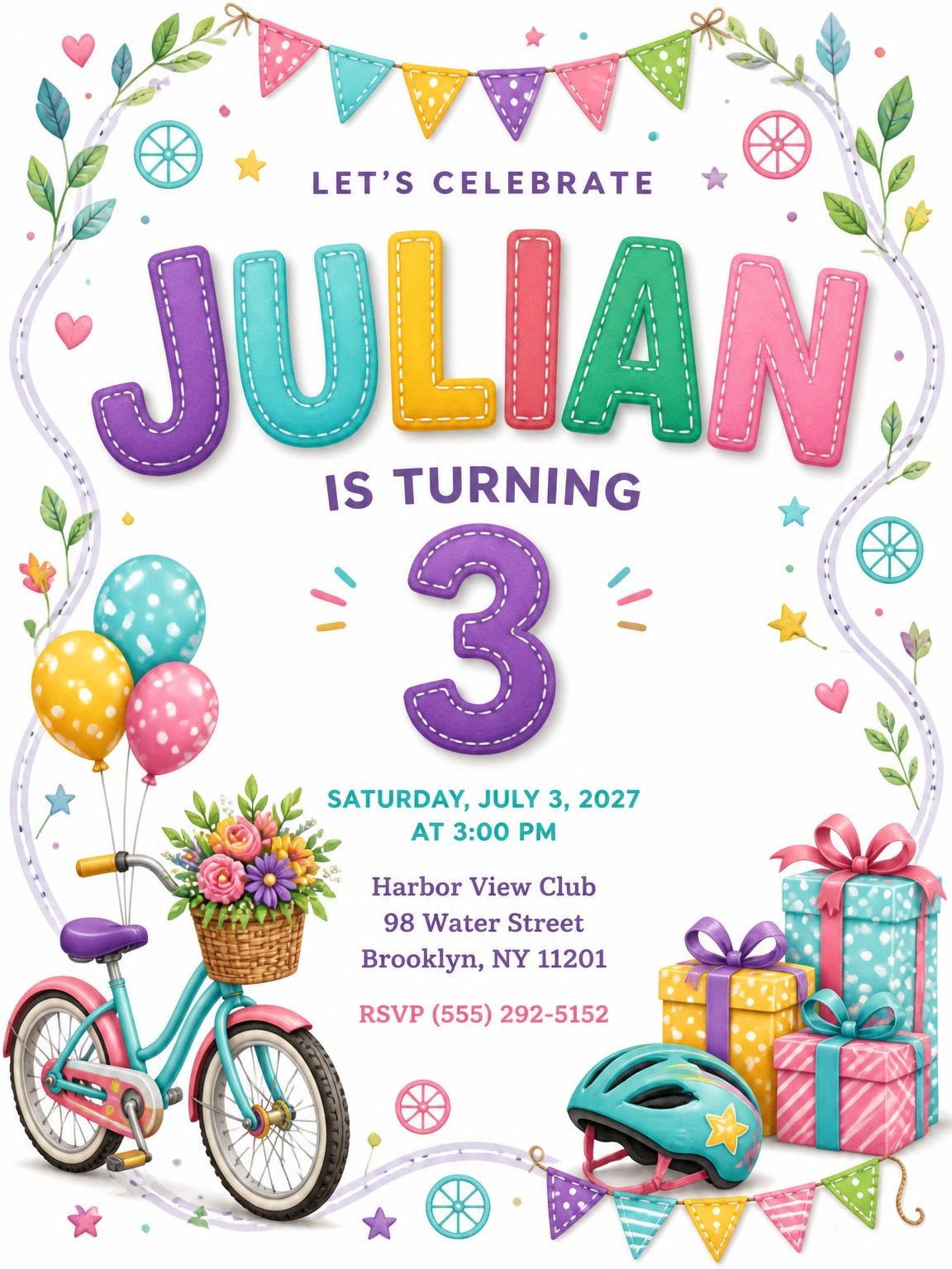 Stitched Bike Ride 3rd Birthday Invitation