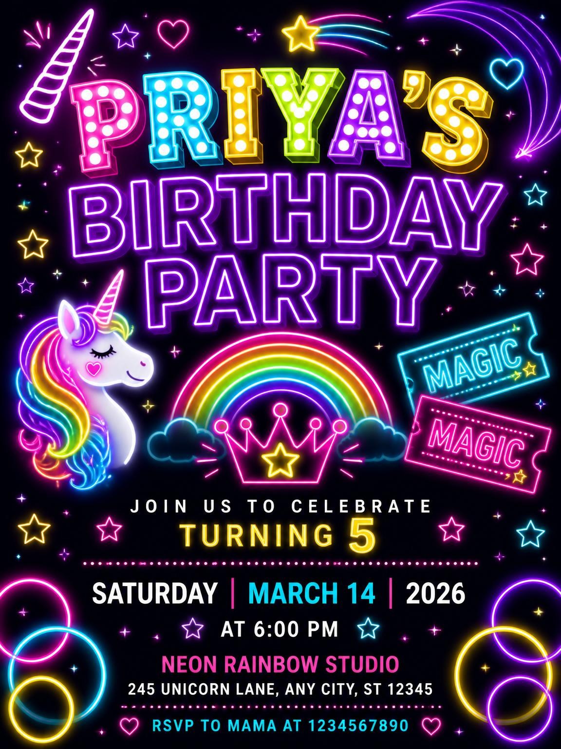 Neon Unicorn 5th Birthday Invitation