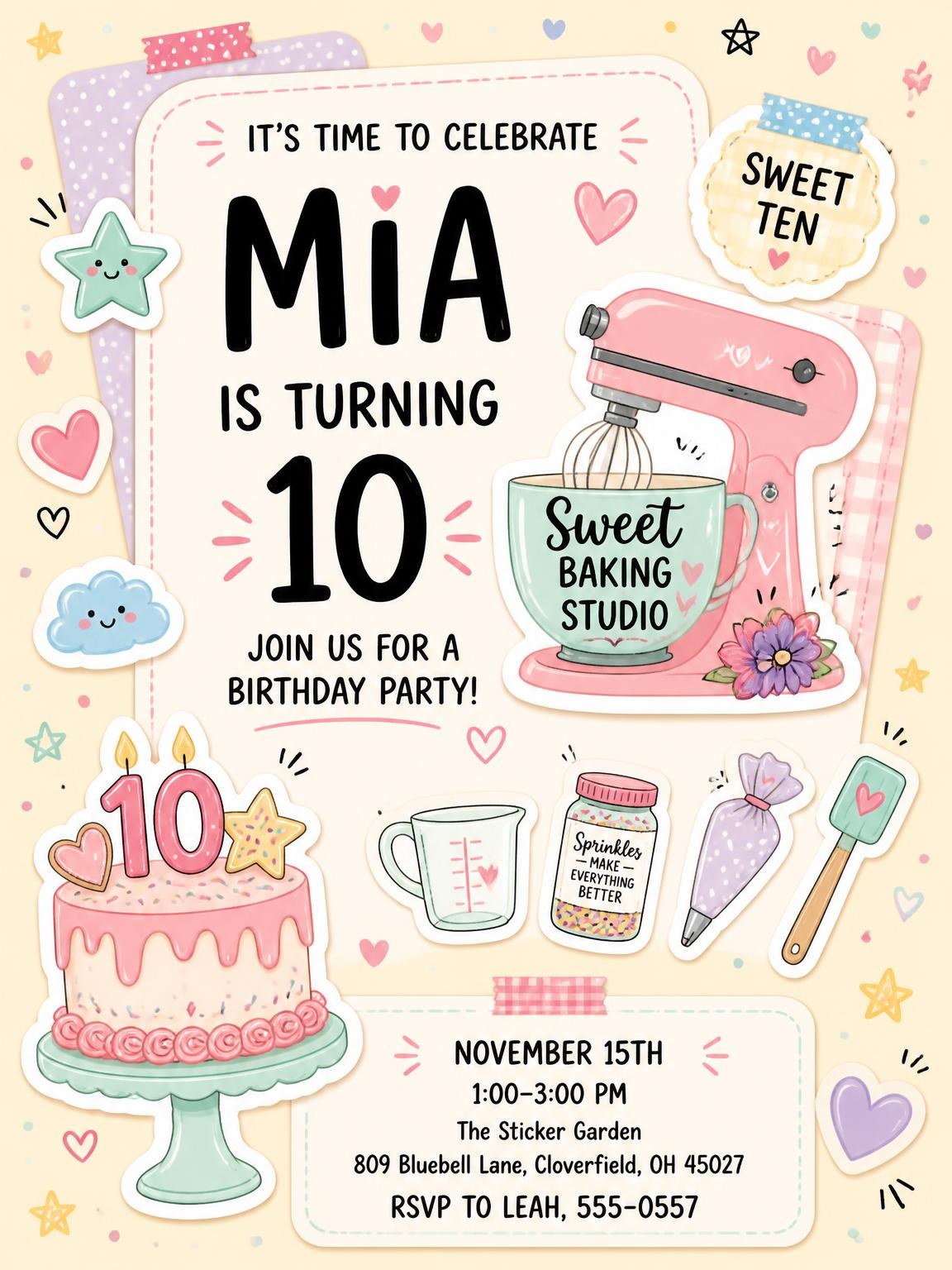 Stand Mixer Pastel 10th Birthday Invitation