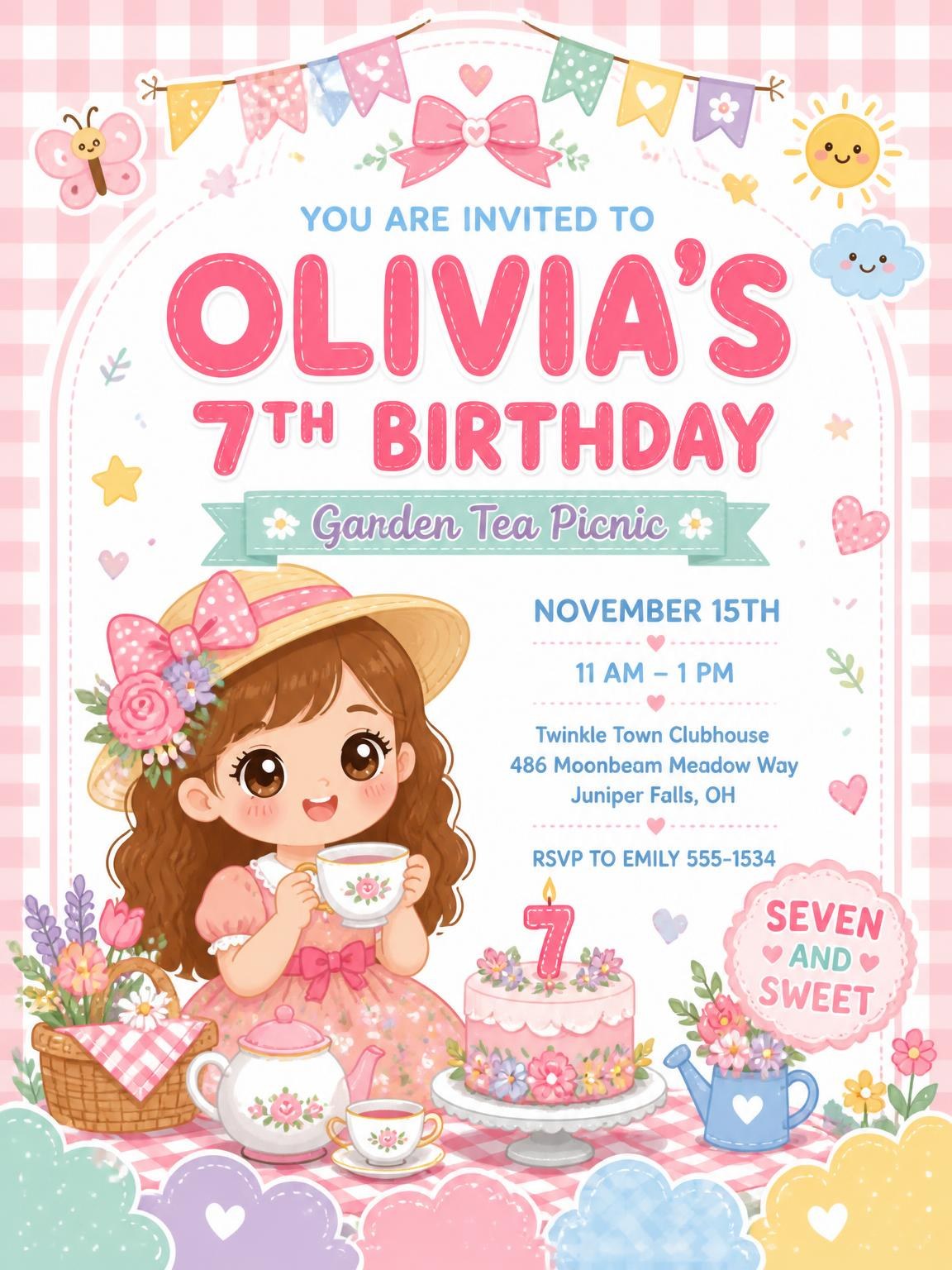 Kawaii Garden Tea 7th Birthday Invitation