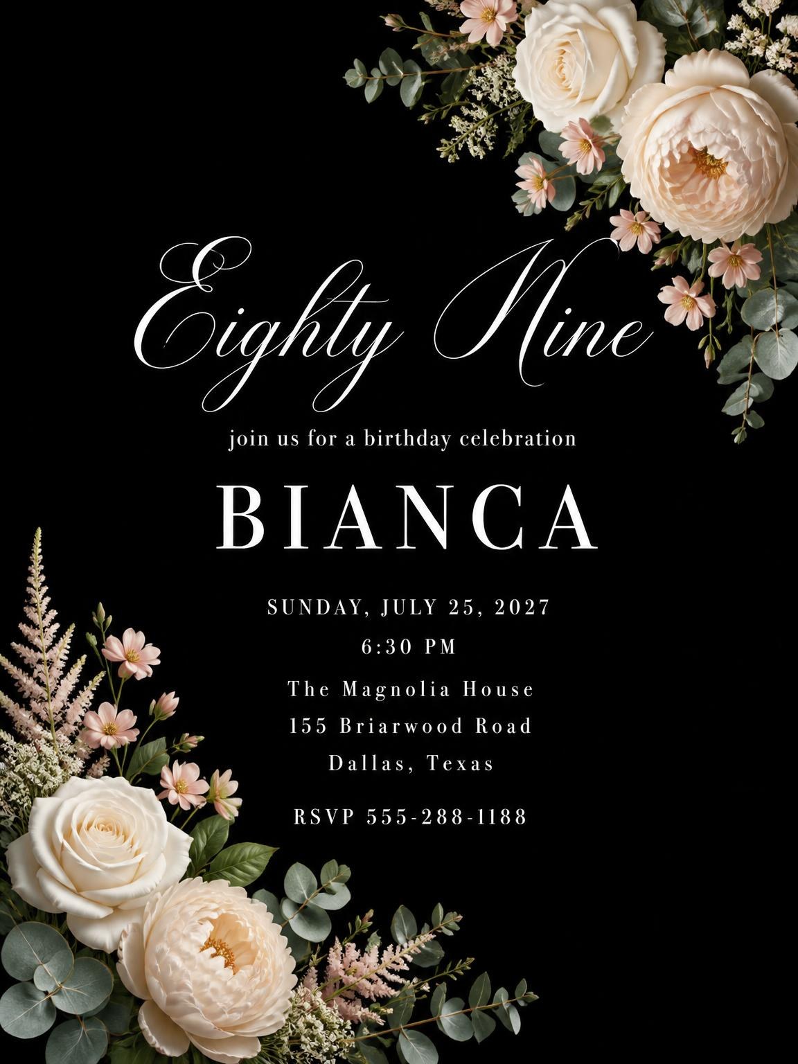 Black Floral 89th Birthday Invitation