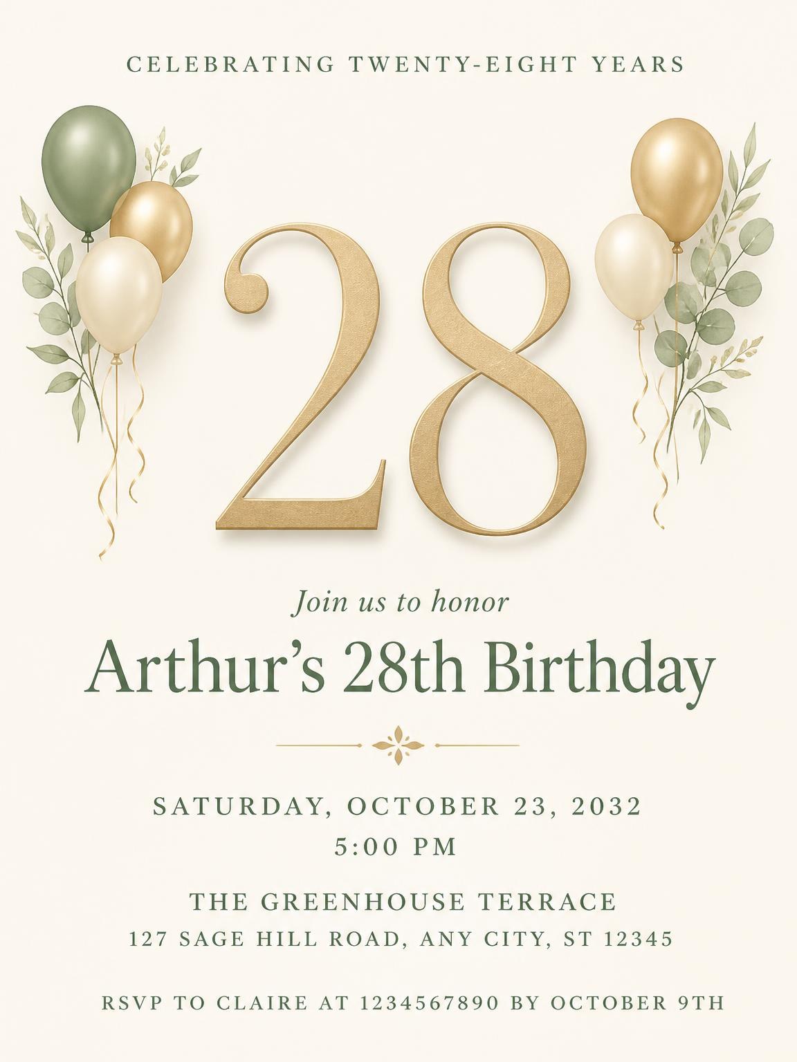 Sage and Ivory 28th Birthday Invitation