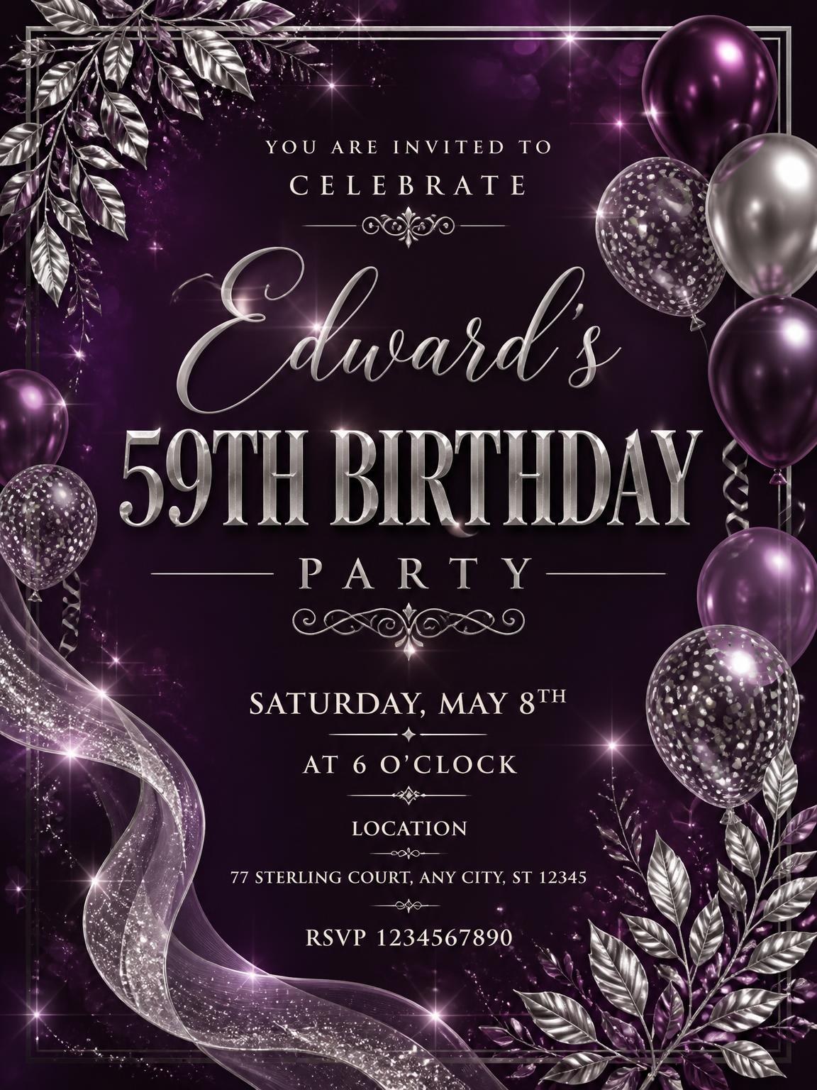 Plum and Silver 59th Birthday Invitation