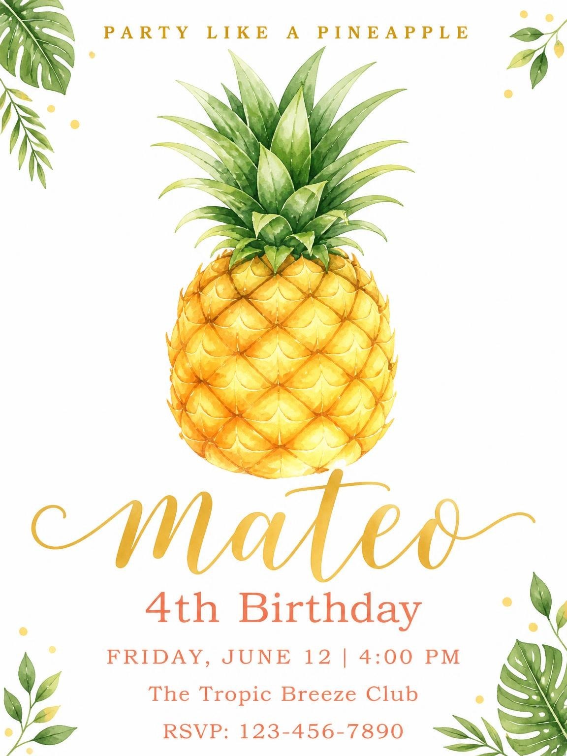 Watercolor Pineapple Tropical 4th Birthday Invitation