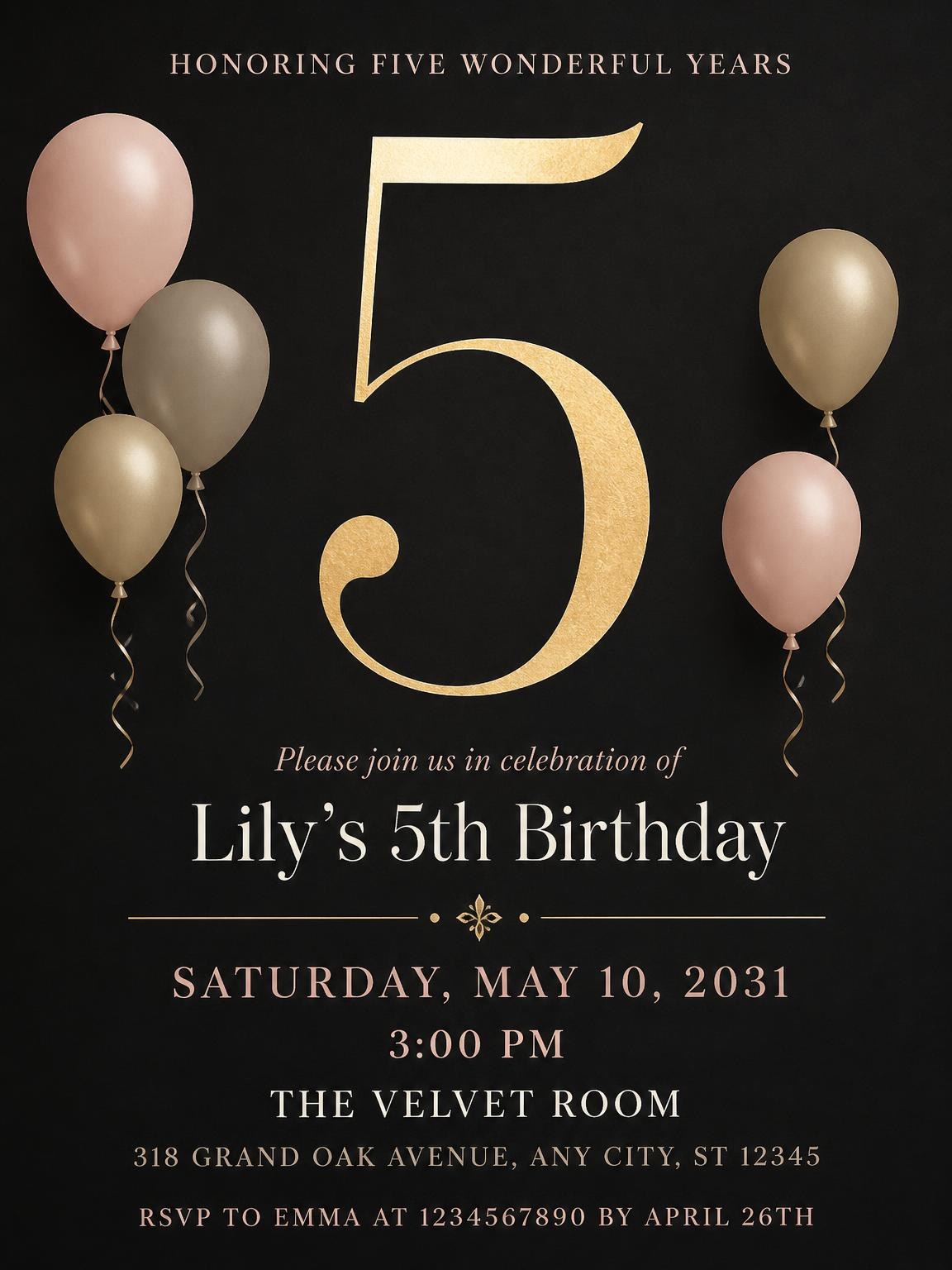 Charcoal and Blush 5th Birthday Invitation