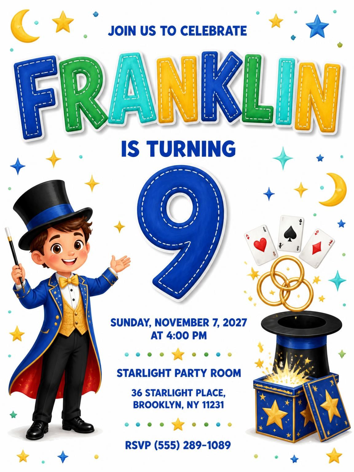 Magic Props Stitched 9th Birthday Invitation