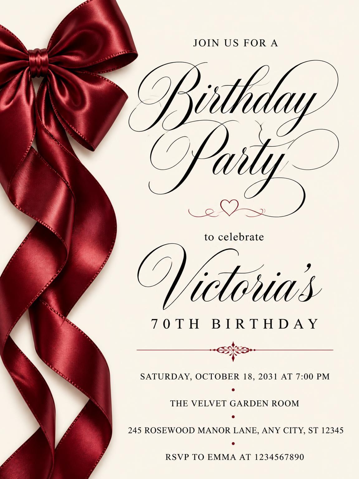 Burgundy Satin Bow 70th Birthday Invitation