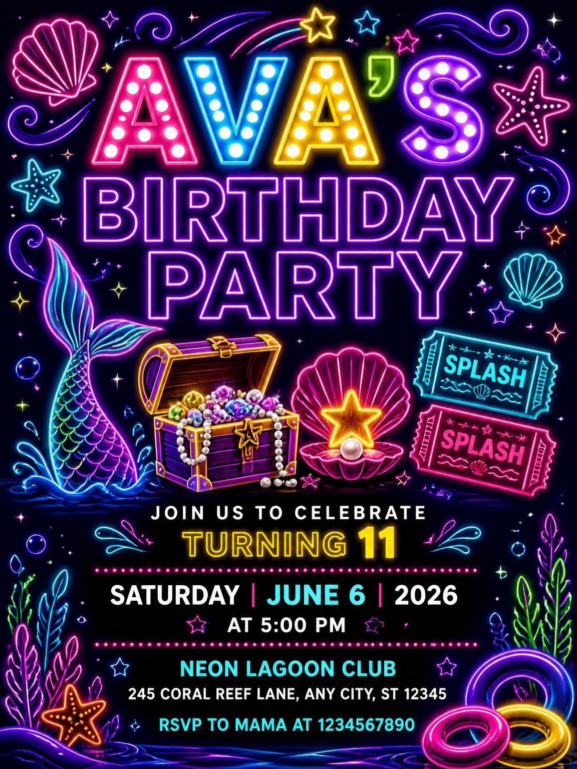 Neon Mermaid 11th Birthday Invitation