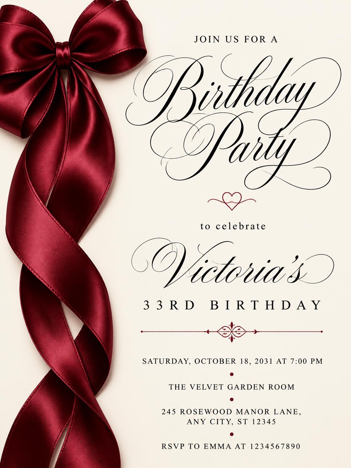 Burgundy Satin Bow 33rd Birthday Invitation