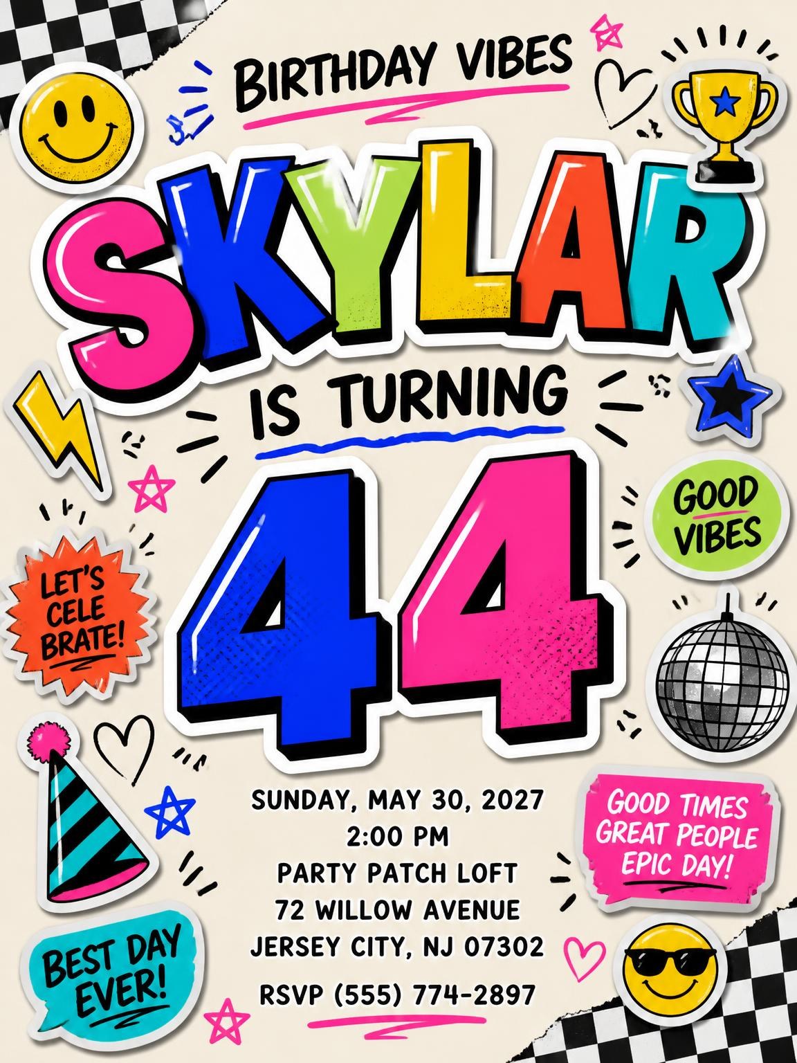 Sticker Pop 44th Birthday Invitation