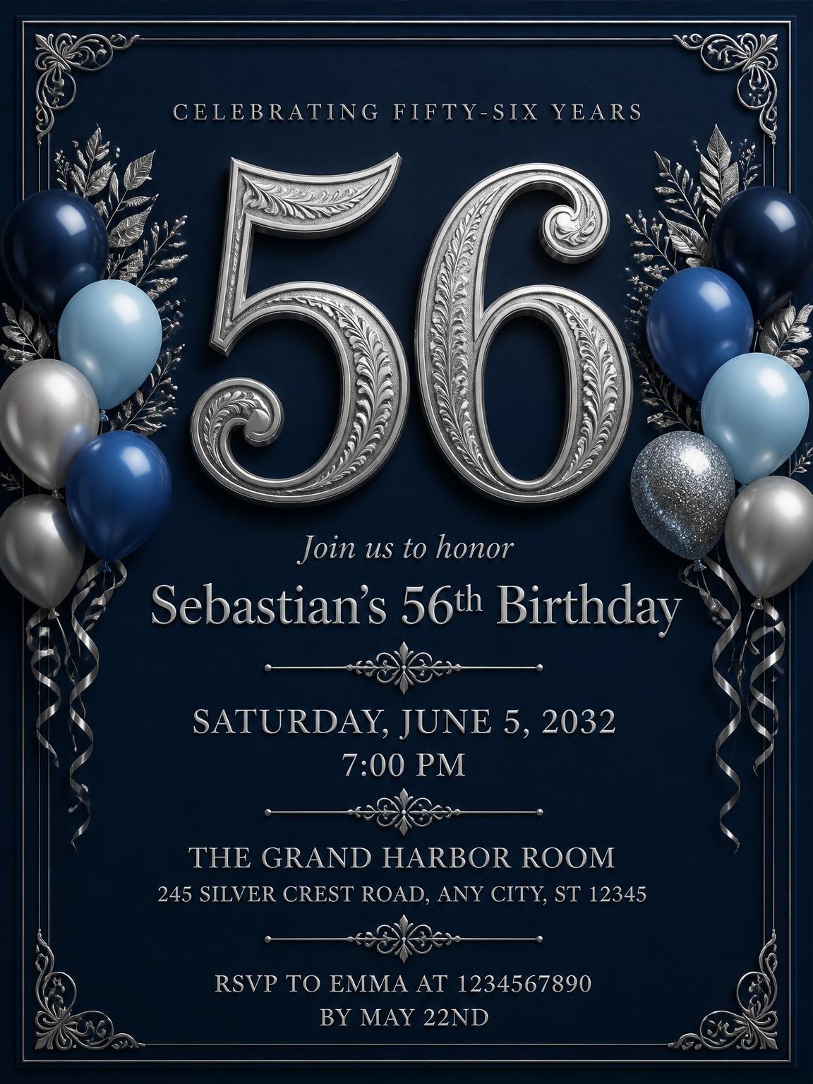 Navy and Silver 56th Birthday Invitation