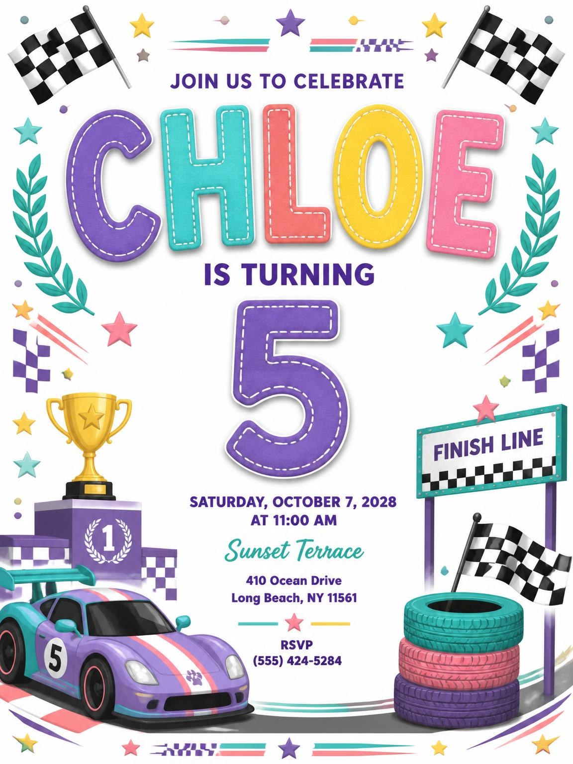 Stitched Race Car 5th Birthday Invitation