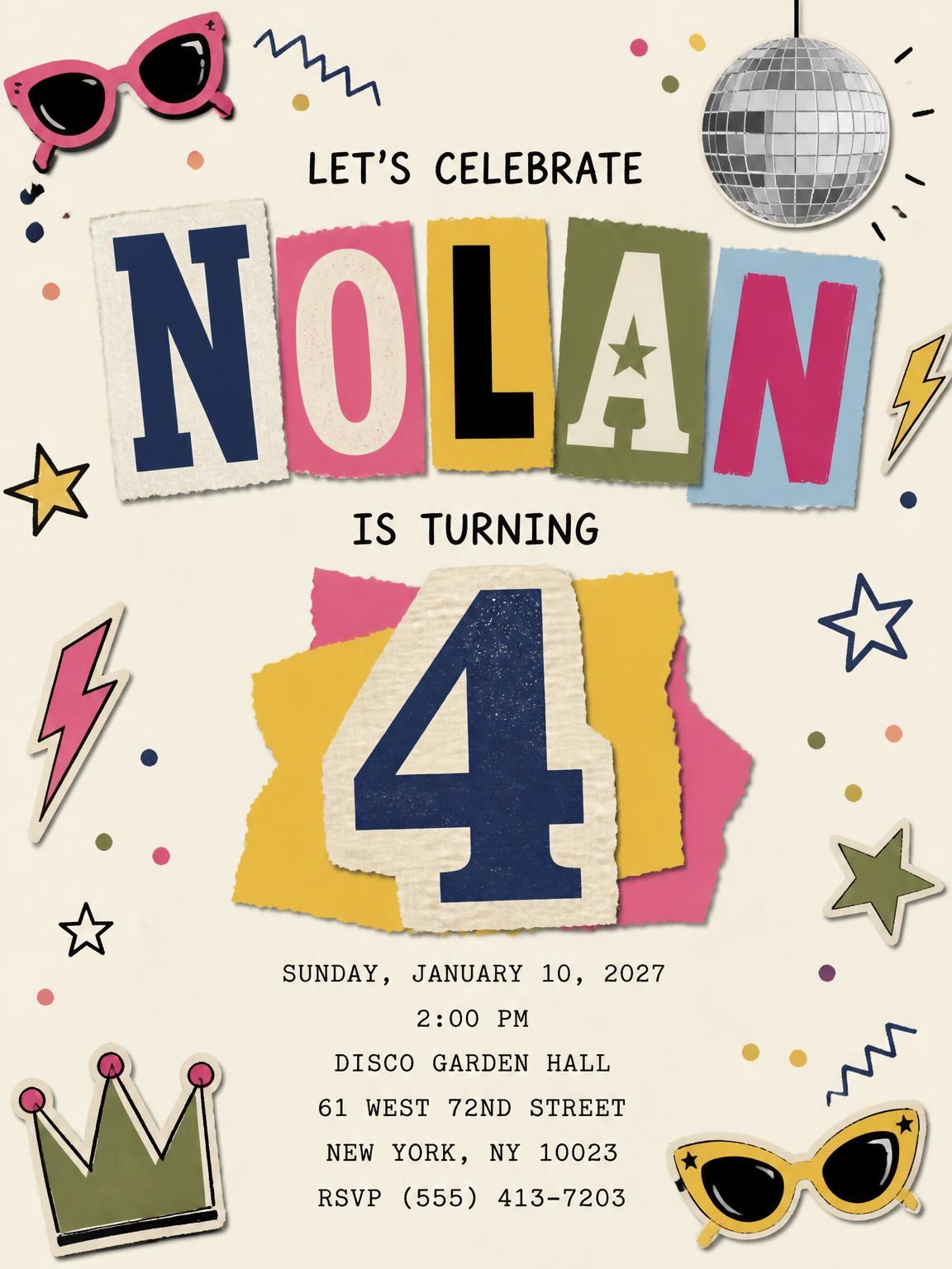 Retro Paper Collage 4th Birthday Invitation