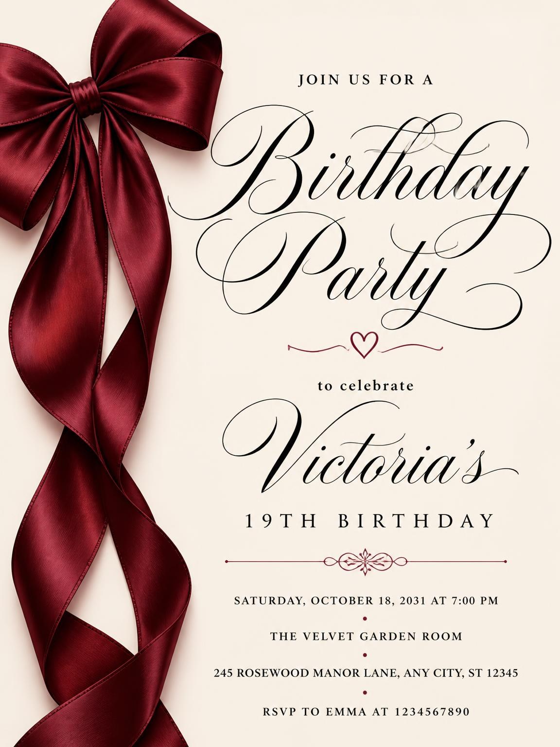 Burgundy Satin Bow 19th Birthday Invitation