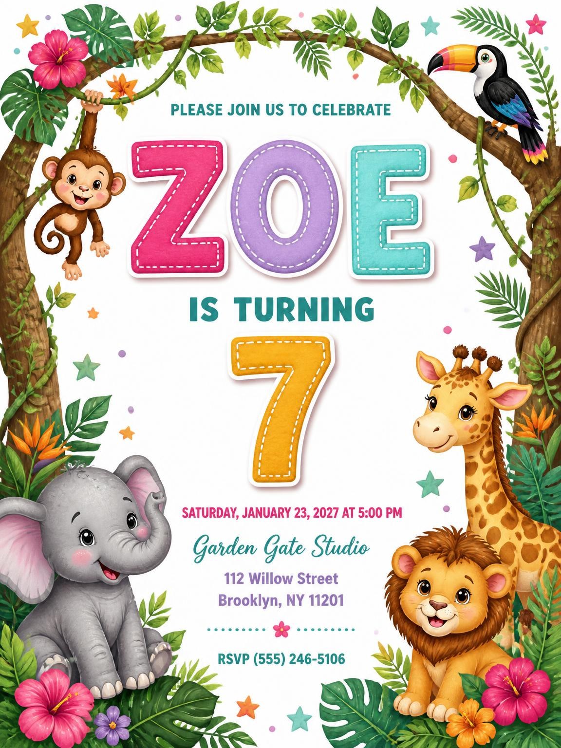 Stitched Safari 7th Birthday Invitation