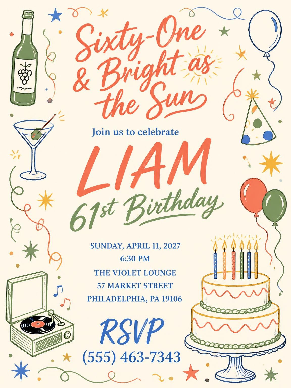Retro Doodle 61st Birthday Invitation