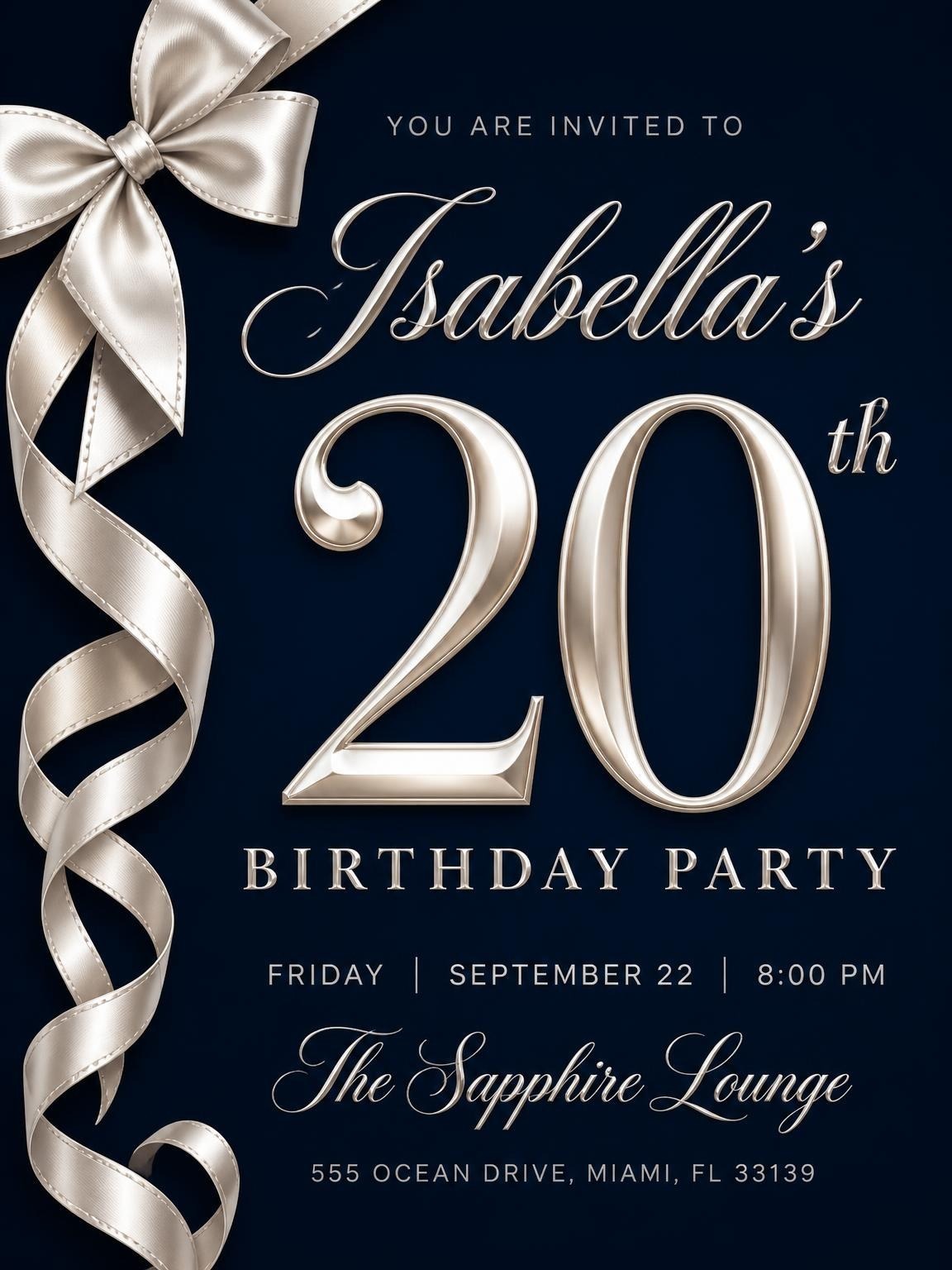 Navy Cream Ribbon 20th Birthday