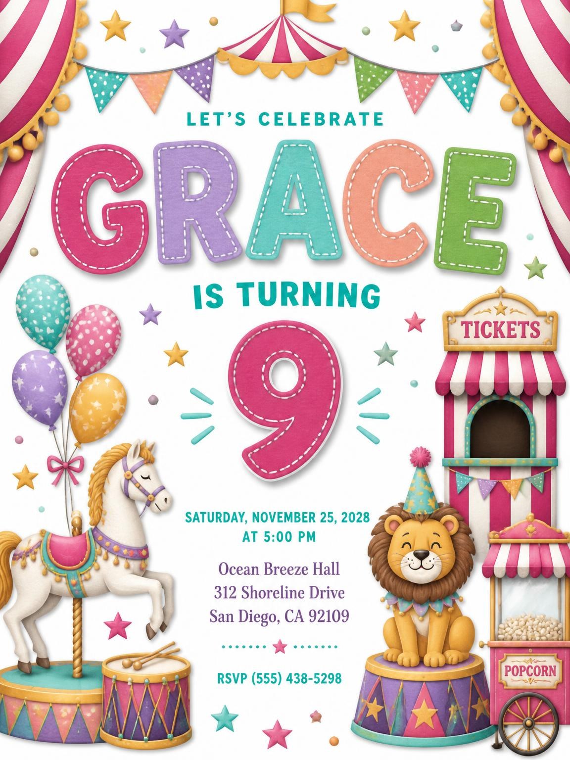 Stitched Circus 9th Birthday Invitation